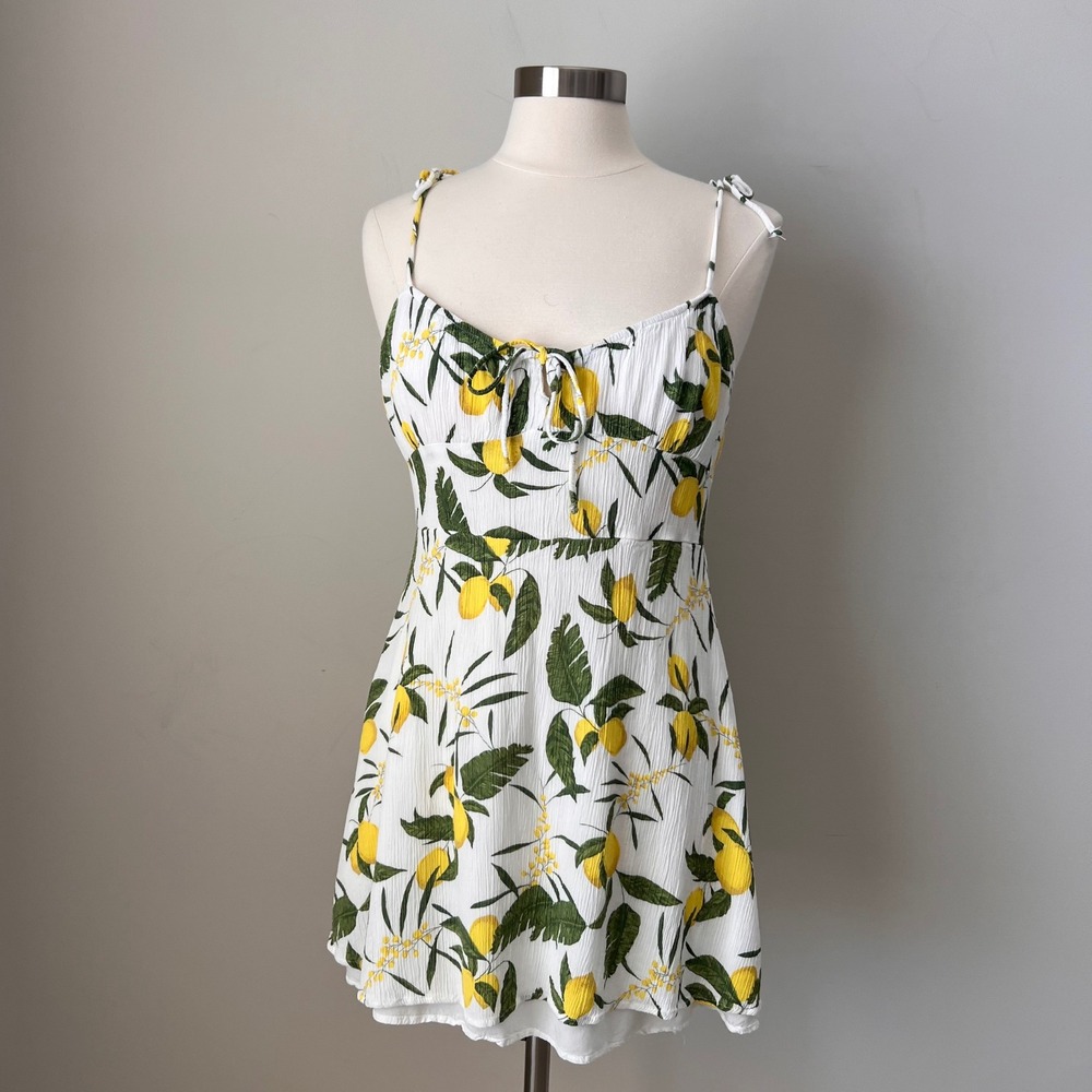 Pull&Bear‎ Lemon Print Sweetheart Mini Dress White Yellow Green XL 9390/316/250